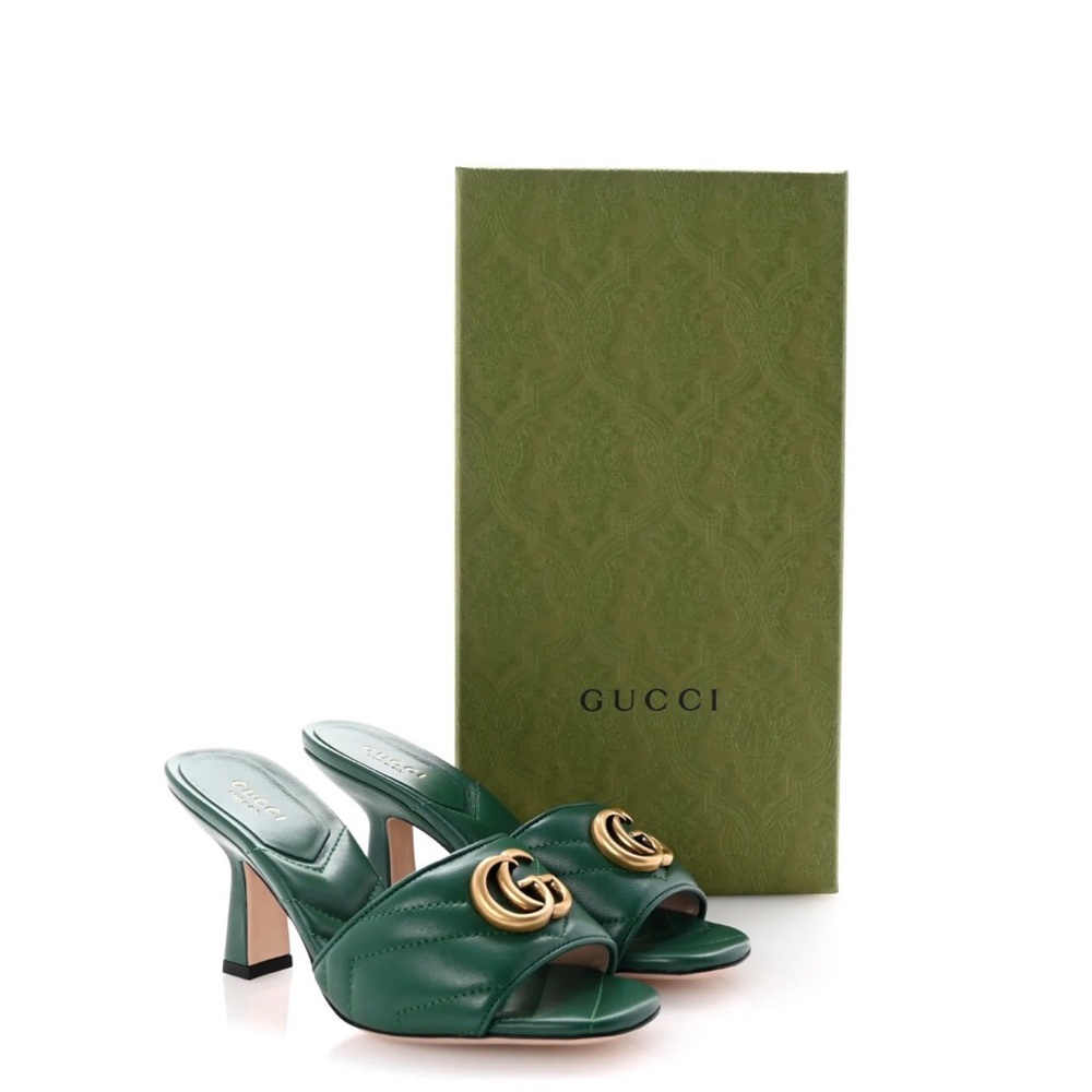 NWT Gucci Green Quilted Leather GG Slide Heels with Gold Hardware US 5 EU 35